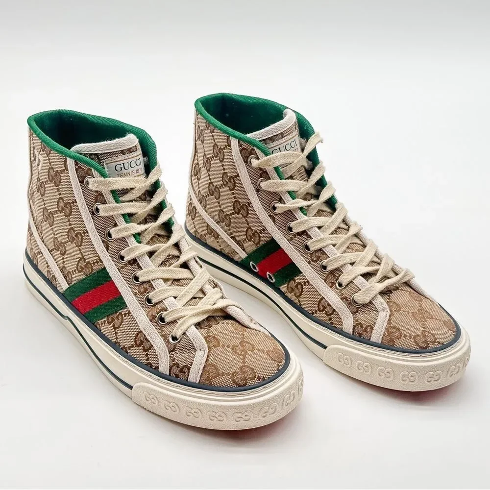Gucci Tennis 1977 GG Monogram High Top Womens Sneakers Beige Tan EU 37.5 US 7.5